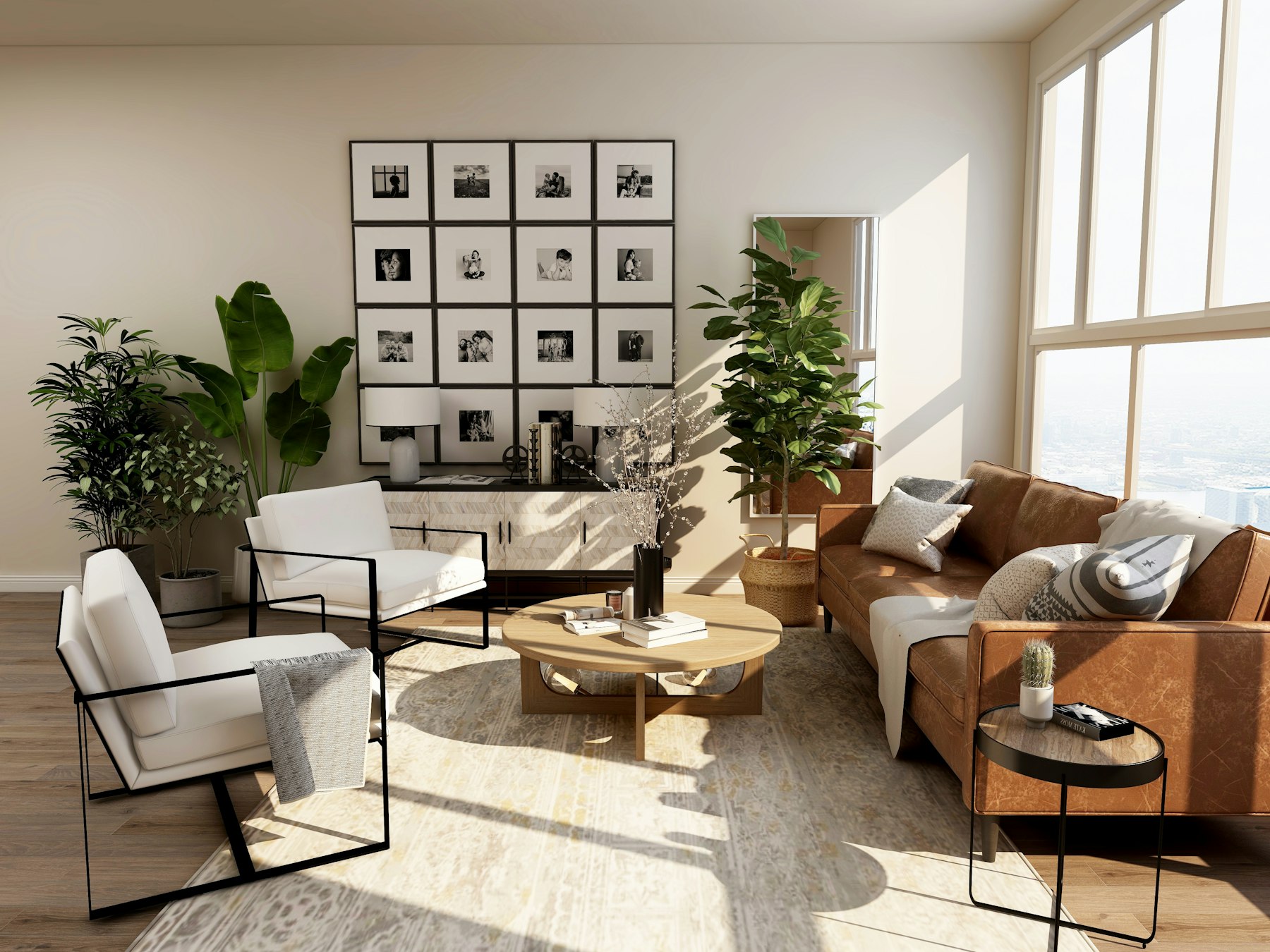 A bright living room with a sofa and ocean light